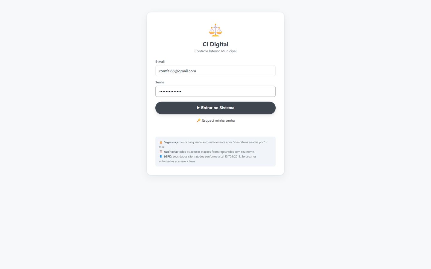 Tela de entrada do CI Digital, com os campos de e-mail e senha