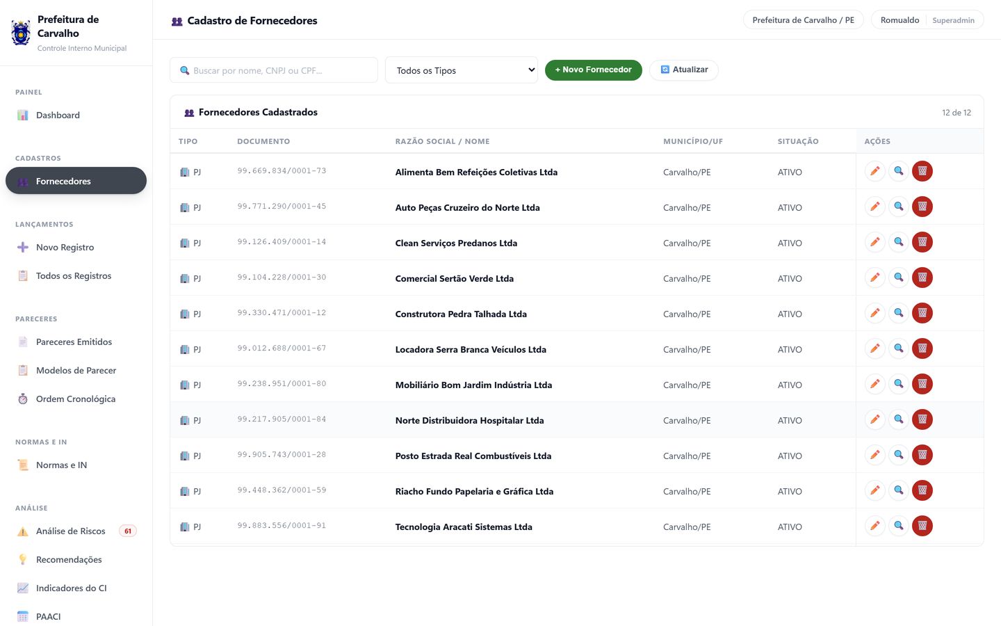 Tela de cadastro de fornecedores com a lista de empresas