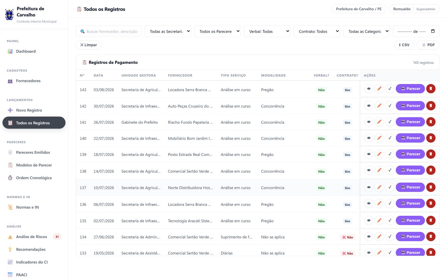 Lista de todos os registros de pagamento, com filtros no topo