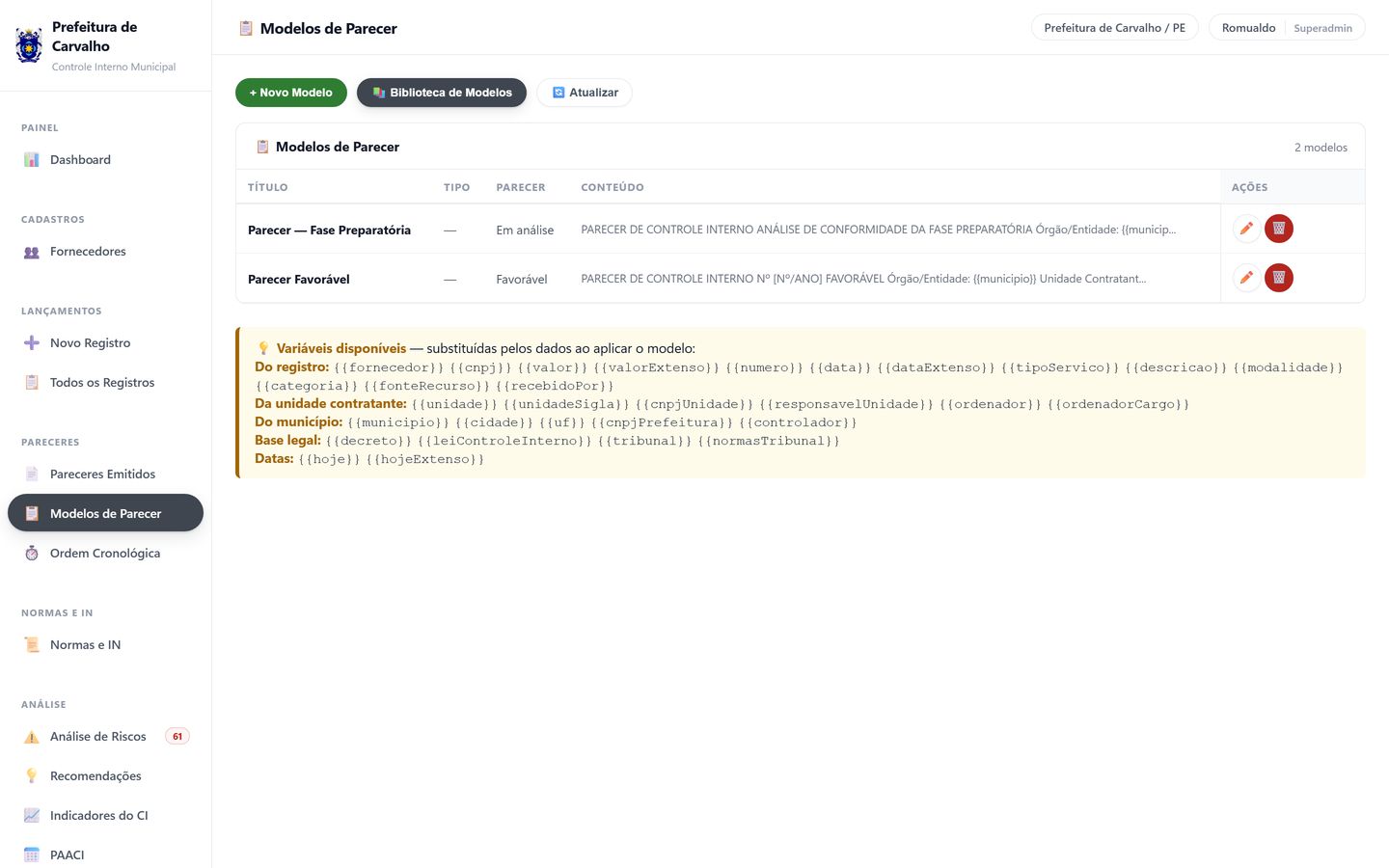 Tela de modelos de parecer, com a lista de variáveis disponíveis