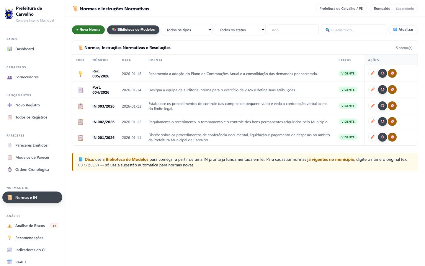 Tela de normas e instruções normativas, com a lista e as ementas