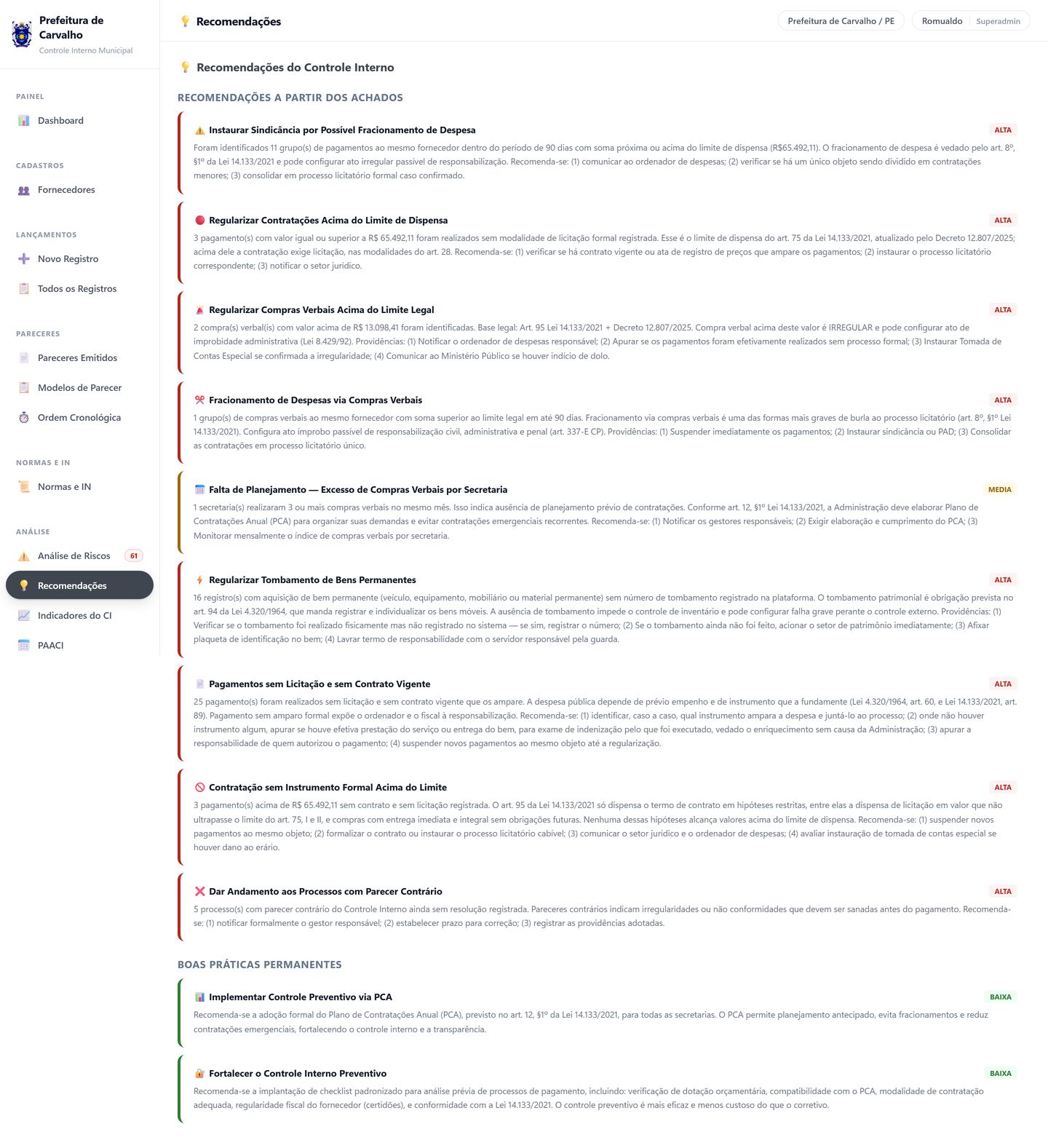 Tela de recomendações do controle interno, geradas a partir dos achados