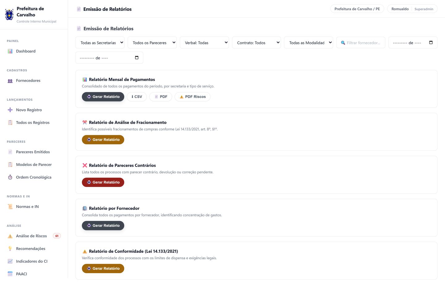 Tela de emissão de relatórios, com os filtros no topo e os cartões de cada relatório